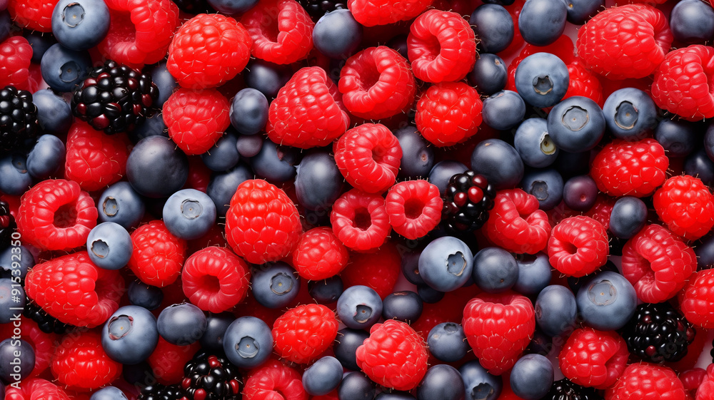 Vibrant pattern of mixed berries strawberries, blueberries, raspberries scattered Vibrant pattern of mixed berries strawberries, blueberries, raspberries scattered