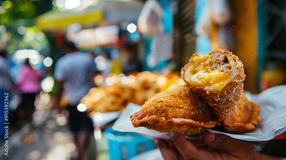 a Brazilian pastel, a deep-fried pastry filled with cheese and meat, set on a colorful street food cart with bustling market activity in the background a Brazilian pastel, a deep-fried pastry filled with cheese and meat, set on a colorful street food cart with bustling market activity in the background