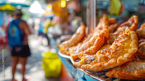 a Brazilian pastel, a deep-fried pastry filled with cheese and meat, set on a colorful street food cart with bustling market activity in the background