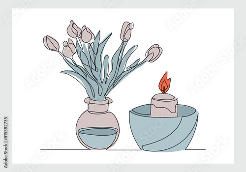 Continuous single line sketch drawing of aromatic spa candle and beautiful flower vase pot. One line art of beautiful home decoration vector illustration