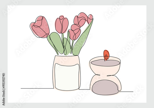 Continuous single line sketch drawing of aromatic spa candle and beautiful flower vase pot. One line art of beautiful home decoration vector illustration