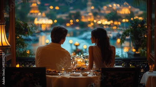 Young couple having a romantic dinner at a fancy restaurant, intimate and elegant photo