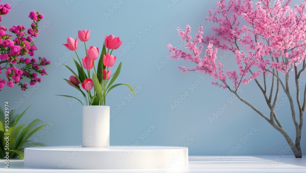 White Podium in Garden with Flowers, 3D Rendering White Podium in Garden with Flowers, 3D Rendering