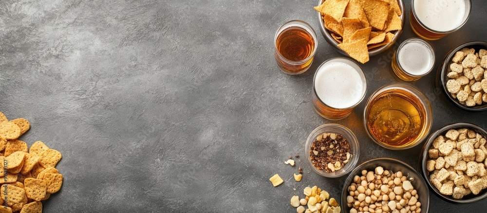 High angle view of different beer snacks on a gray background Copy space High angle view of different beer snacks on a gray background Copy space