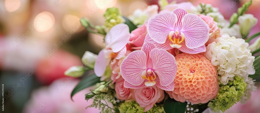 Wedding bouquet consisting of orchids roses and lilies. with copy space image. Place for adding text or design Wedding bouquet consisting of orchids roses and lilies. with copy space image. Place for adding text or design