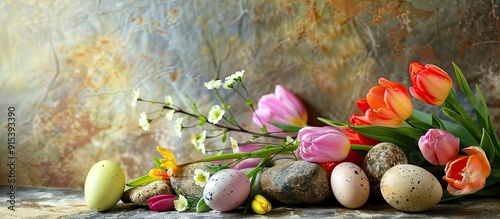 Easter greeting card featuring a bouquet of tulip flowers and Easter eggs set against a stone wall with room for your message. with copy space image. Place for adding text or design photo