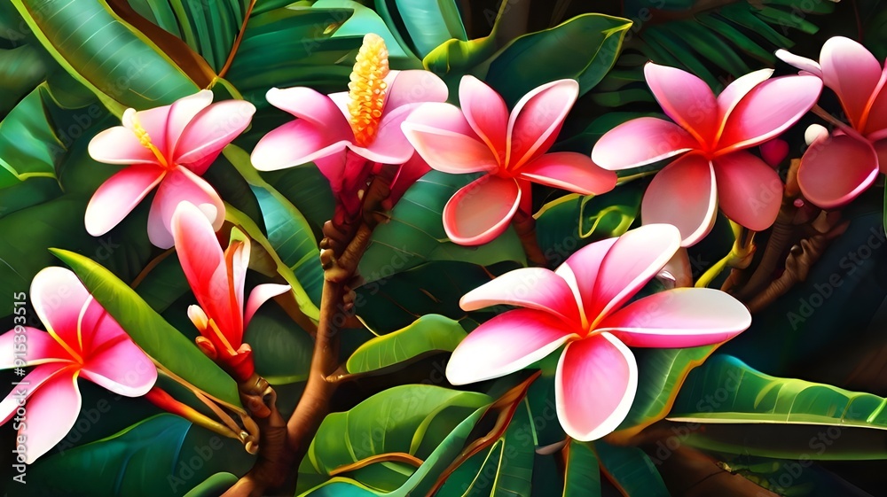 Particular Attention A group of plumeria flowers with leaves on a tree and copy space Particular Attention A group of plumeria flowers with leaves on a tree and copy space