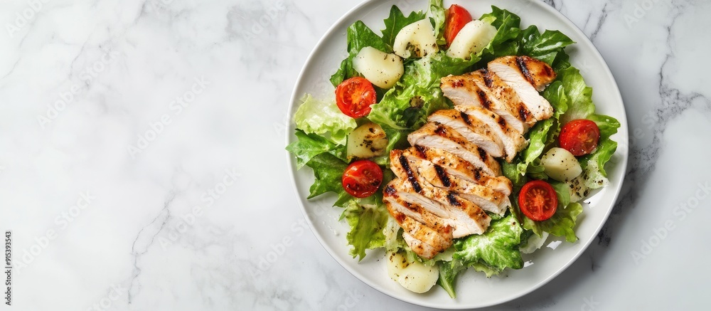 Healthy Grilled Chicken Caesar Salad featuring iceberg or lettuce Parmesan cheese tomatoes bread croutons and gourmet dressing served on a white plate on a marble table Selective focus top view and c Healthy Grilled Chicken Caesar Salad featuring iceberg or lettuce Parmesan cheese tomatoes bread croutons and gourmet dressing served on a white plate on a marble table Selective focus top view and c