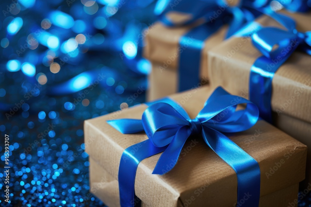 Blue Christmas Presents with Bows and Bokeh Lights: A Cozy and Festive Holiday Display with Seasonal Charm Blue Christmas Presents with Bows and Bokeh Lights: A Cozy and Festive Holiday Display with Seasonal Charm