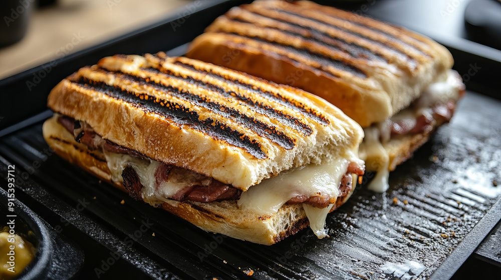 A Cuban sandwich paired with a side of golden plantain chips, with the sandwich's layers of meat and cheese visible, placed on a vibrant, colorful background A Cuban sandwich paired with a side of golden plantain chips, with the sandwich's layers of meat and cheese visible, placed on a vibrant, colorful background