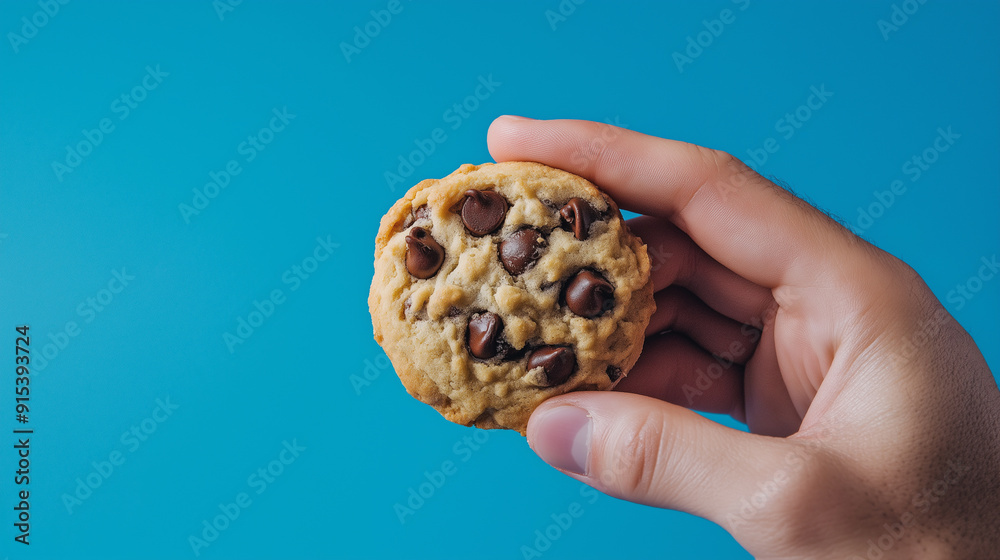 Hand Holding Chocolate Chip Cookie Against Blue Background for Snack and Sweet Treats Photography Themes Hand Holding Chocolate Chip Cookie Against Blue Background for Snack and Sweet Treats Photography Themes