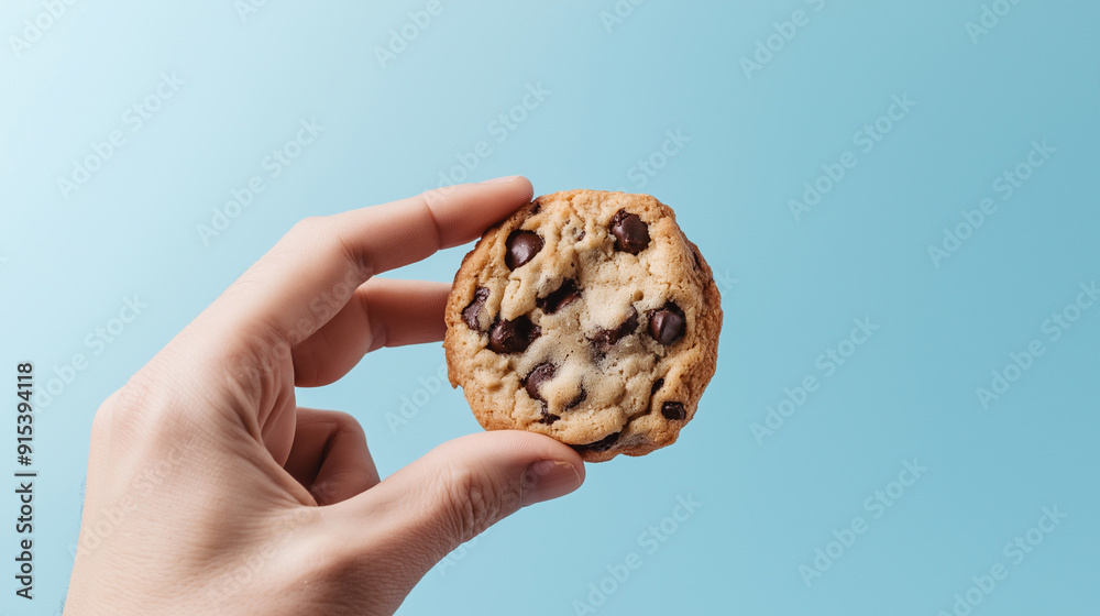 Hand Holding Chocolate Chip Cookie Against Blue Background for Snack and Sweet Treats Photography Themes Hand Holding Chocolate Chip Cookie Against Blue Background for Snack and Sweet Treats Photography Themes