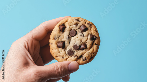 Hand Holding Chocolate Chip Cookie Against Blue Background for Snack and Sweet Treats Photography Themes photo