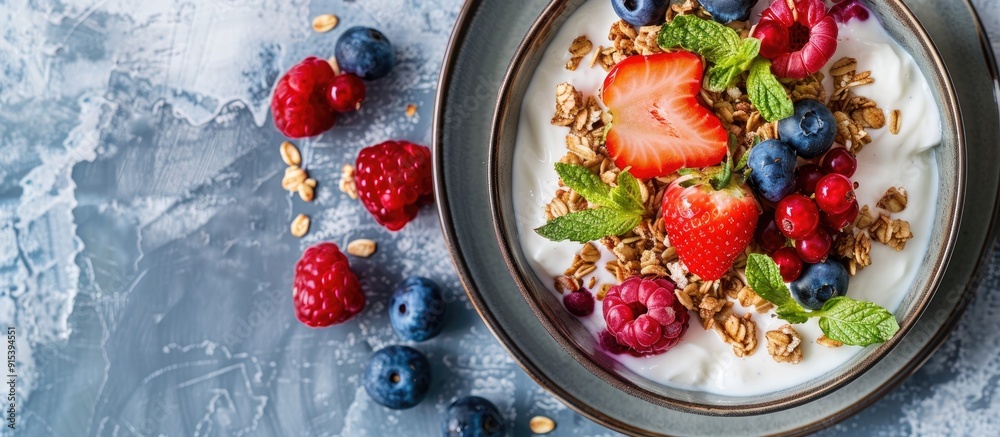Begin your day in a healthy manner Granola yogurt and berries are presented on a lovely green rustic plate set against a marble background with copyspace Begin your day in a healthy manner Granola yogurt and berries are presented on a lovely green rustic plate set against a marble background with copyspace