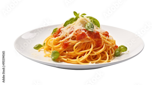 Serving of spaghetti garnished with fresh basil and grated Parmesan, isolated on transparent background.  photo