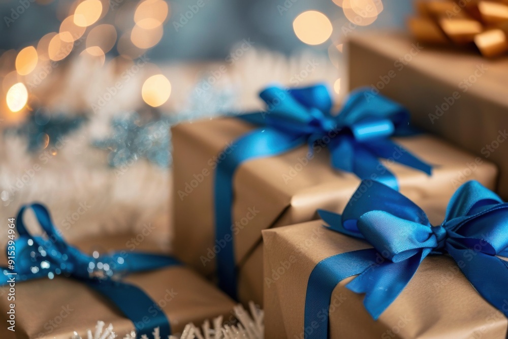 Blue Christmas Presents with Bows and Bokeh Lights: A Cozy and Festive Holiday Display with Seasonal Charm Blue Christmas Presents with Bows and Bokeh Lights: A Cozy and Festive Holiday Display with Seasonal Charm