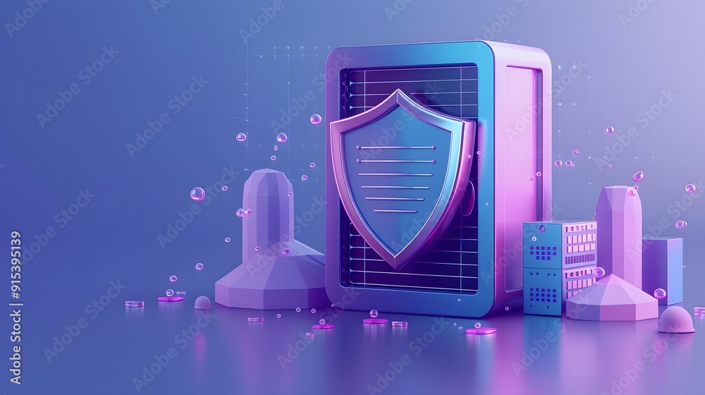 Futuristic cybersecurity data server with shield icon representing ...