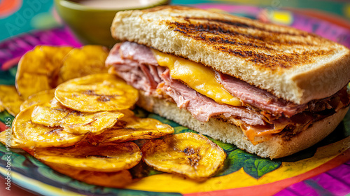 A Cuban sandwich paired with a side of golden plantain chips, with the sandwich's layers of meat and cheese visible, placed on a vibrant, colorful background 