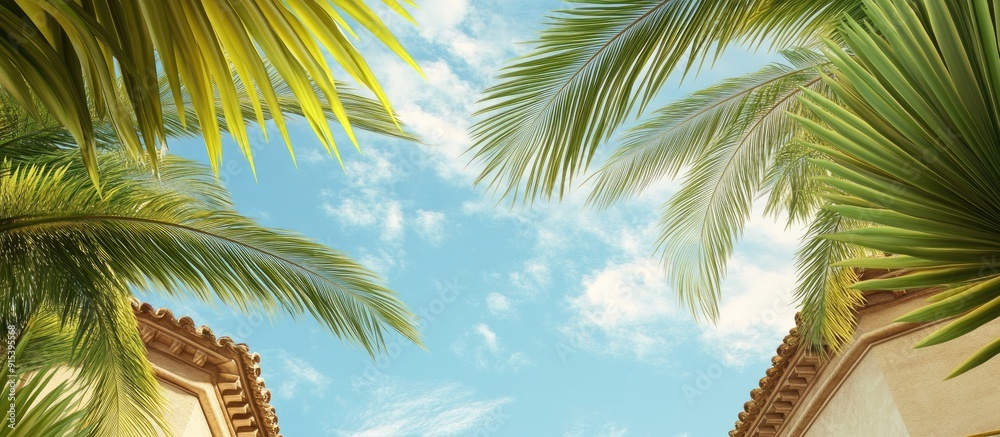 Fototapeta premium Palm fronds and Moorish architecture frame a blue sky with copy space