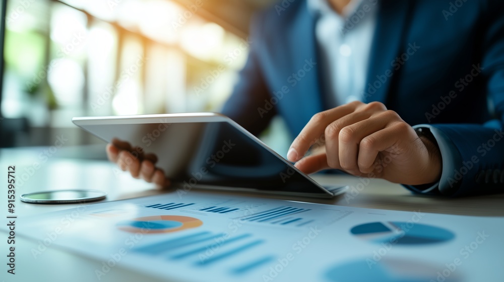 Obraz premium Business professional analyzing market data on a tablet during daytime in a modern office