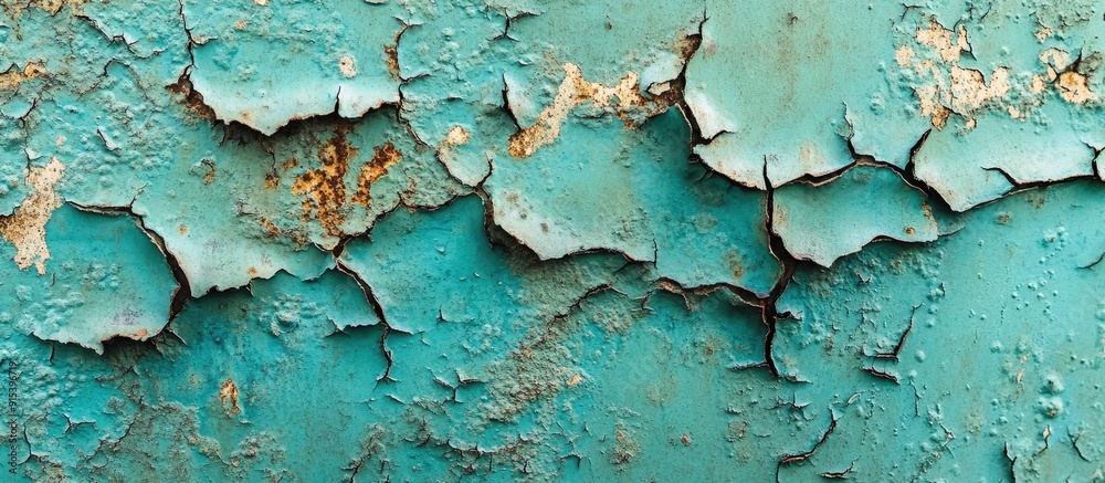 Close up detail of peeling paint on a rusted metal wall Textured old metal with cracks in the paint Turquoise hue Corroded surface Copyspace for your text Close up detail of peeling paint on a rusted metal wall Textured old metal with cracks in the paint Turquoise hue Corroded surface Copyspace for your text