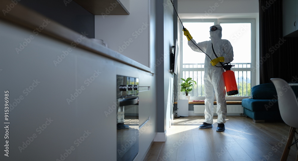 An insect control specialist in the apartment sprays the walls. Pest control. Disinfection of premises from coronavirus