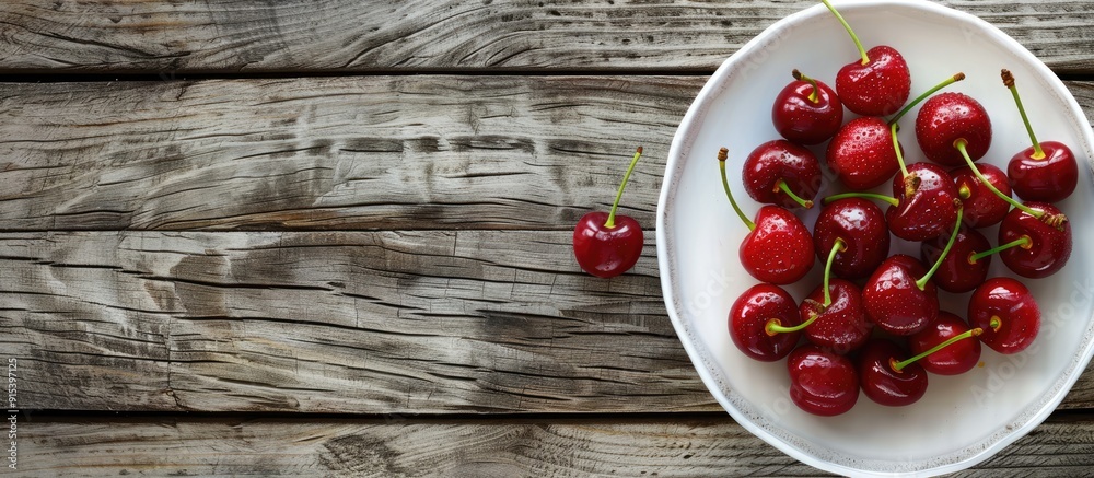 sweet cherries on a white plate set against a wooden background copy space top view sweet cherries on a white plate set against a wooden background copy space top view