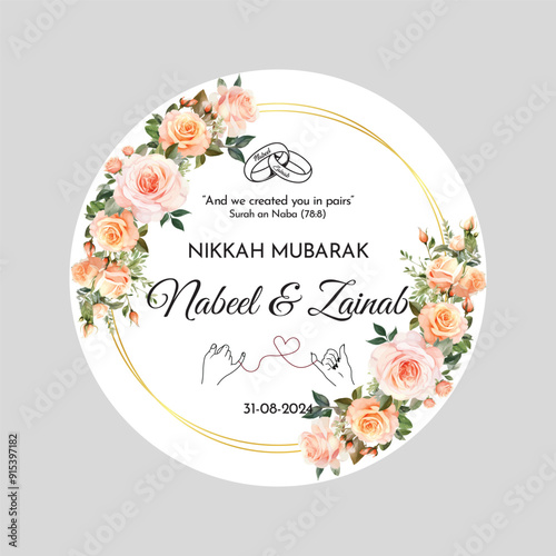 Vector illustration of floral tags. Baat Pakki Tag, Nikah tags, Thank you tags, wedding tags, birthday tags, label. Luxury Floral Nikkah Certificate, Premium A4 Islamic Wedding Contract, Nikah Nama.