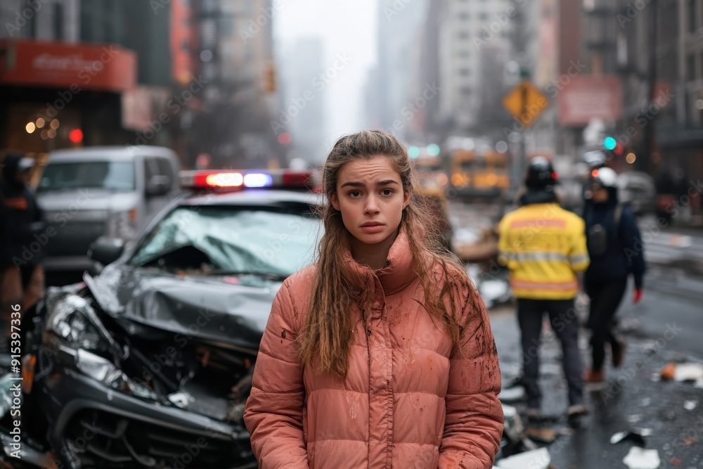 A woman in a pink jacket stands in front of a damaged car on a city street, with emergency responders and police in the background managing the chaotic scene. A woman in a pink jacket stands in front of a damaged car on a city street, with emergency responders and police in the background managing the chaotic scene.