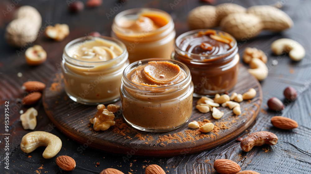 a rustic wooden board with an assortment of nut butters, including almond, cashew, and peanut butter, each in small glass jars with a sprinkle of whole nuts around a rustic wooden board with an assortment of nut butters, including almond, cashew, and peanut butter, each in small glass jars with a sprinkle of whole nuts around