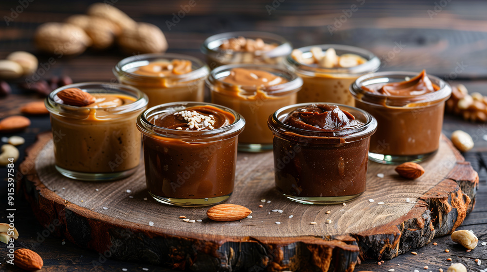 a rustic wooden board with an assortment of nut butters, including almond, cashew, and peanut butter, each in small glass jars with a sprinkle of whole nuts around a rustic wooden board with an assortment of nut butters, including almond, cashew, and peanut butter, each in small glass jars with a sprinkle of whole nuts around