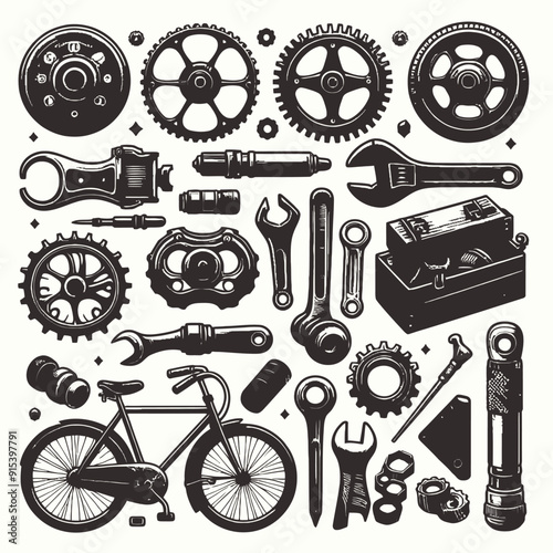 Old bicycle parts and tools elements vector illustration 