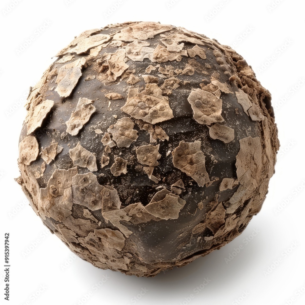 Close-up image of a decayed brown spherical object with textured, flaky surface isolated on white background. Close-up image of a decayed brown spherical object with textured, flaky surface isolated on white background.