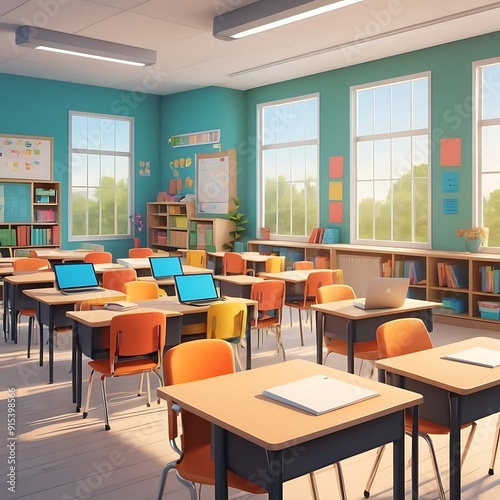 Bright school classroom with all chair facing forward, Vintage school interior, empty school classroom without young student and blurry view of elementary class room no kid or teacher