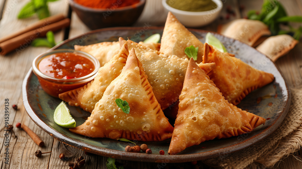 a vibrant and colorful plate of Indian samosas, served with mint chutney and tamarind sauce, set on a rustic wooden table with spices in the background a vibrant and colorful plate of Indian samosas, served with mint chutney and tamarind sauce, set on a rustic wooden table with spices in the background