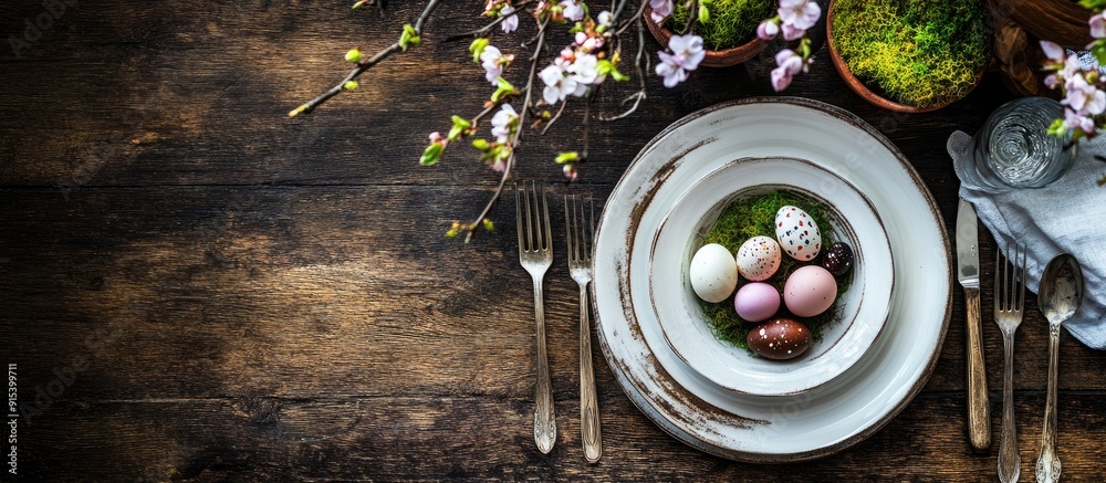 Table setting decor features colorful Easter quail eggs spring cherry ...