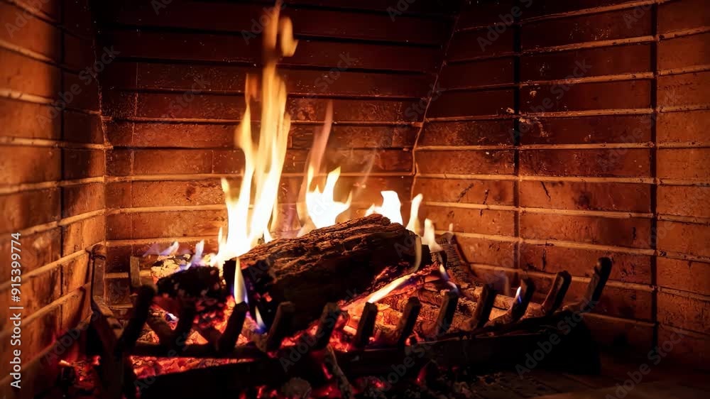 Fire burning in fireplace. Warm home in winter, Christmas holiday