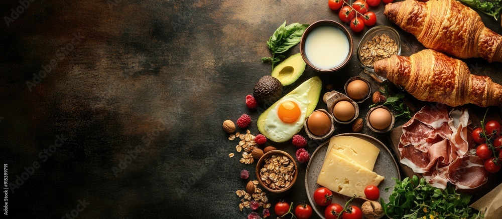 Various ingredients for a diverse breakfast Cheese prosciutto cherry tomatoes avocado eggs granola milk berries croissants Lifestyle Copyspace Various ingredients for a diverse breakfast Cheese prosciutto cherry tomatoes avocado eggs granola milk berries croissants Lifestyle Copyspace
