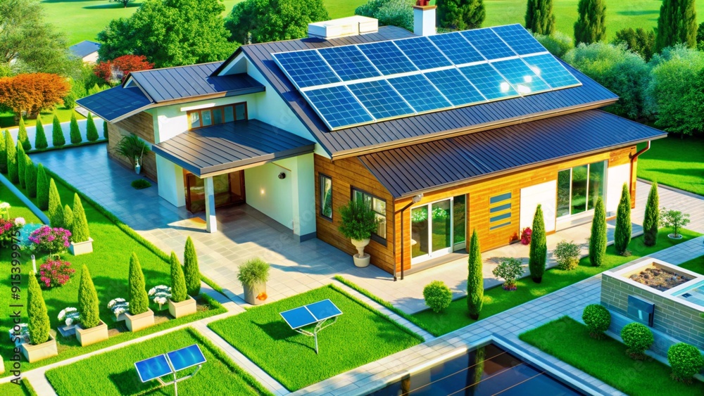 Modern house with solar panels on the roof and green lawn. Modern house with solar panels on the roof and green lawn.