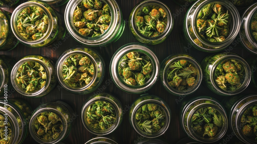 Overhead view of cannabis jars filled with green buds Overhead view of cannabis jars filled with green buds