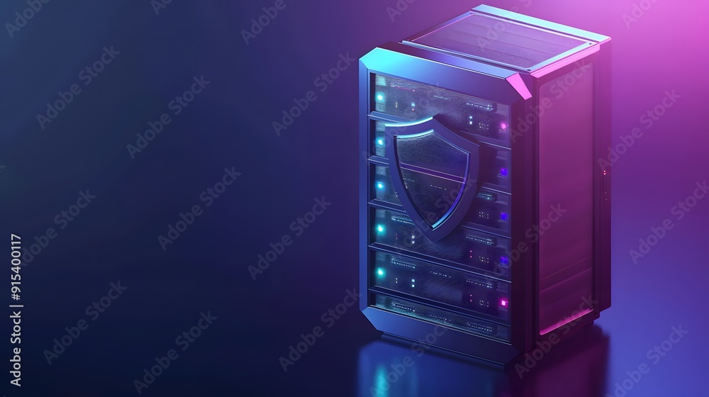 Obraz premium Futuristic server rack with shield symbol, representing cybersecurity and data protection in a technology-driven environment.