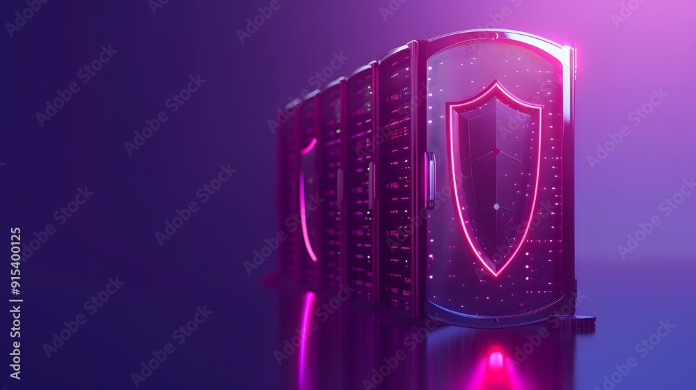 Futuristic server racks with a glowing shield icon, illuminated in pink and purple lights, representing data protection and cybersecurity. Futuristic server racks with a glowing shield icon, illuminated in pink and purple lights, representing data protection and cybersecurity.