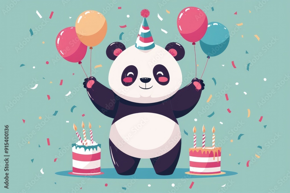 Naklejka premium Flat vector illustration. Panda celebrates his birthday with colorful balloons and cake