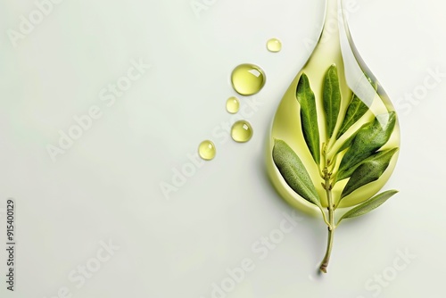 Olive oil drop shaped like an olive branch on clean white background photo