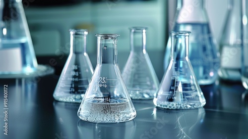 Laboratory glassware beakers lined up in a clean, sterile environment, ready for scientific experiments.