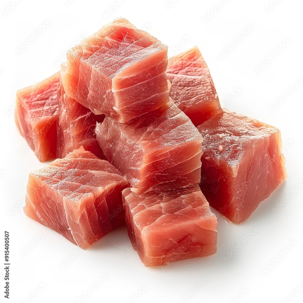 Close-up view of raw tuna cubes arranged in a pile. Perfect for recipes, culinary presentations, or seafood-related projects.