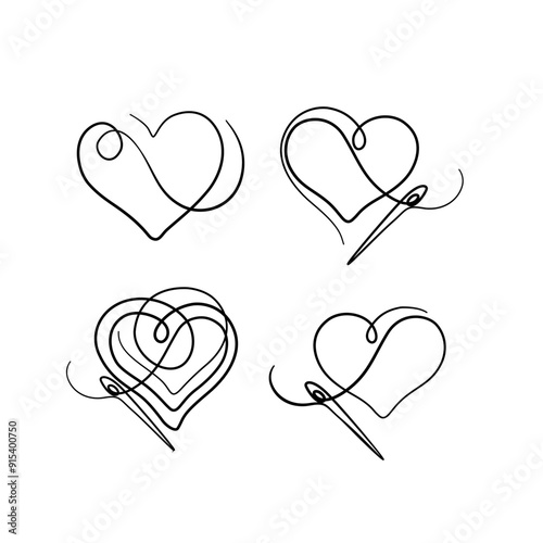 Heart and needle, sewing, greeting card, continuous line drawing, small tattoo, print for clothes and logo design, heart isolated abstract vector illustration.