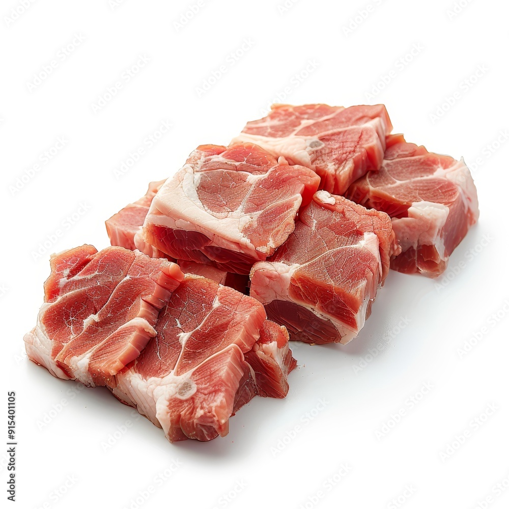 Fresh cut raw pork meat pieces stacked on a white background. High-quality protein for cooking and culinary use. Fresh cut raw pork meat pieces stacked on a white background. High-quality protein for cooking and culinary use.