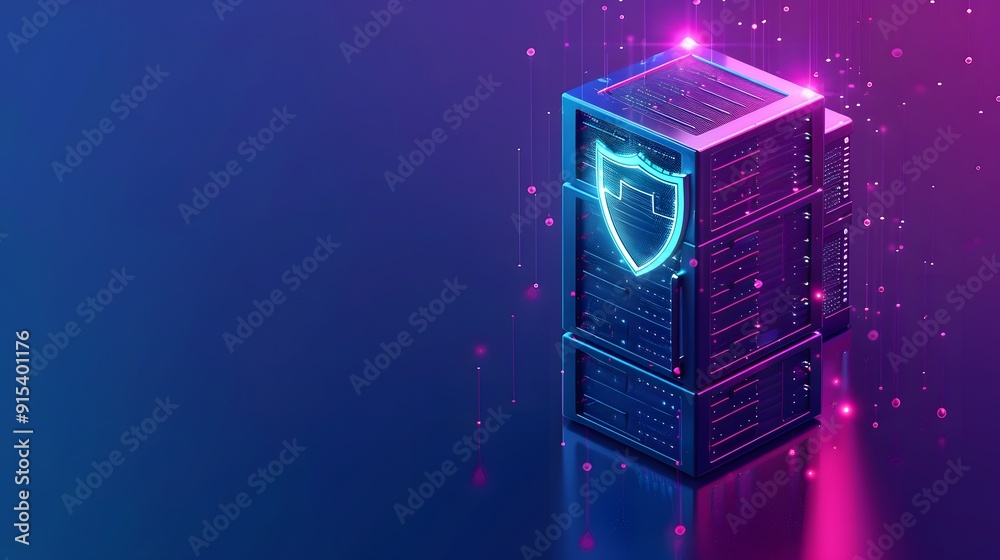 Naklejka premium Futuristic server tower with a glowing shield, symbolizing cybersecurity and data protection in a digital landscape.