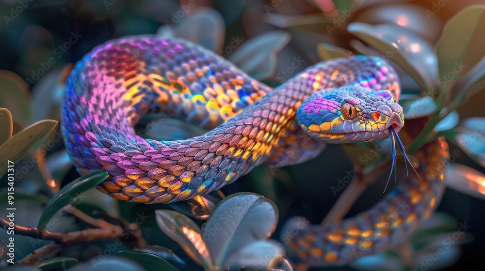 Obraz premium Colorful, multicolored snake with vibrant scales slithering on green leaves in its natural habitat, showcasing exquisite reptile beauty.